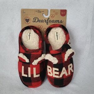 Dearfoams Lil bear Slippers Kids Buffalo Plaid Red Black Memory Foam Sherpa 13/1